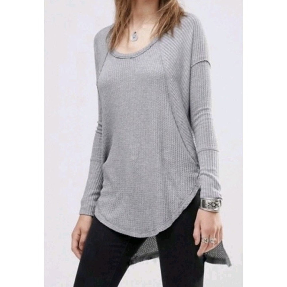Free People Size Small Gray Ventura Raglan Waffle Knitt Thermal Top Long Sleeve